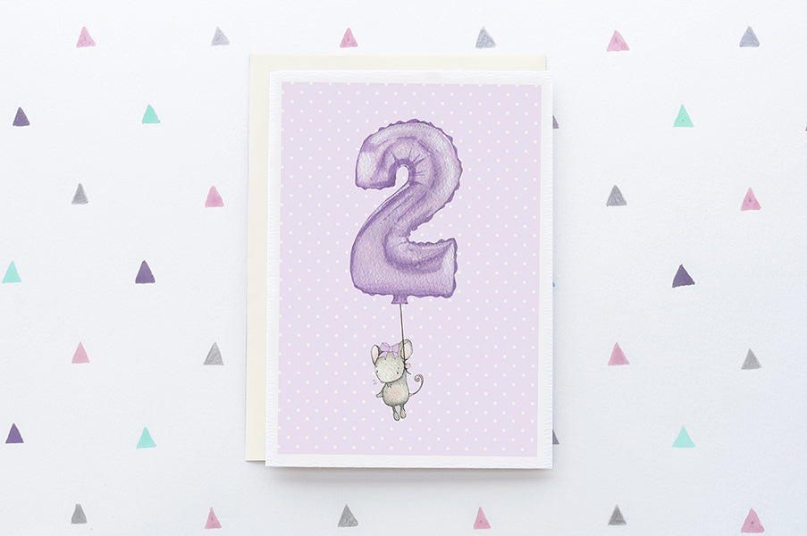Girl's Number 2 Balloon Second Birthday Card