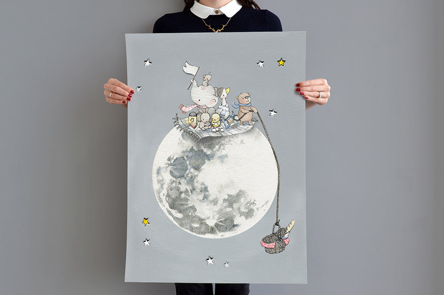 Kid's Personalised Picnic On The Moon Print