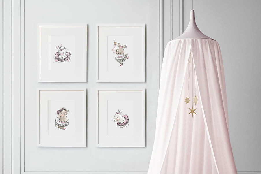 Pink Ballerina Bunny Girl's Nursery Wall Art Set