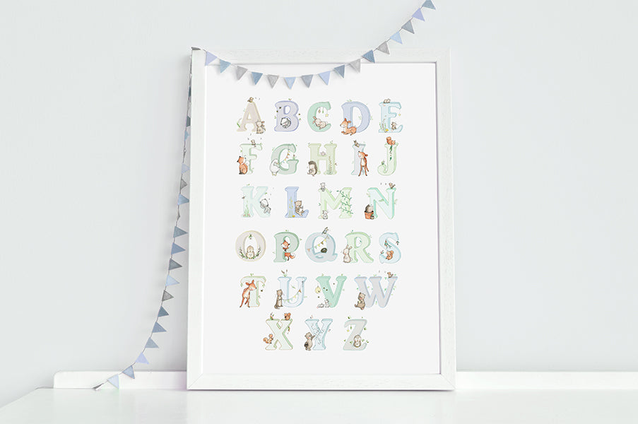 Blue and Green Woodland Alphabet Wall Picture for Boy's Room
