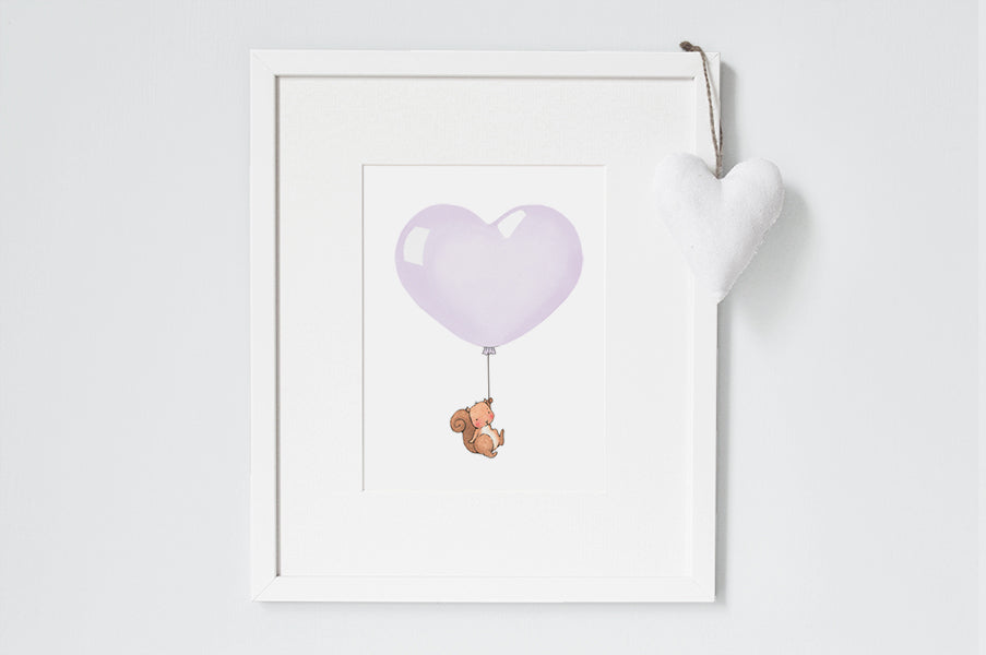 Girl's Lavender Heart Balloon Bedroom Wall Art Print