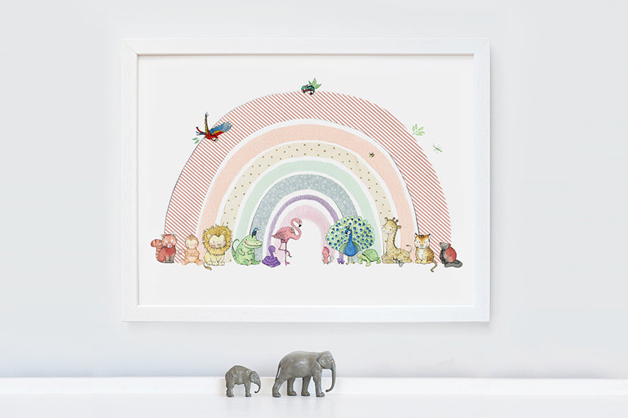 Children's full bright jungle animal rainbow wall art picture