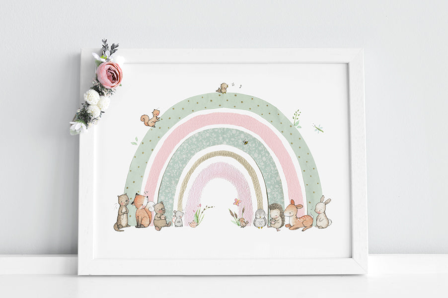 Girl's Personalised Pink and Mint floral Woodland Rainbow Picture