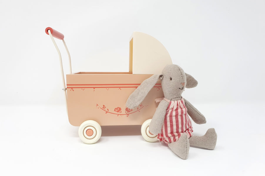 Maileg wooden blush toy pram and baby bunny bundle