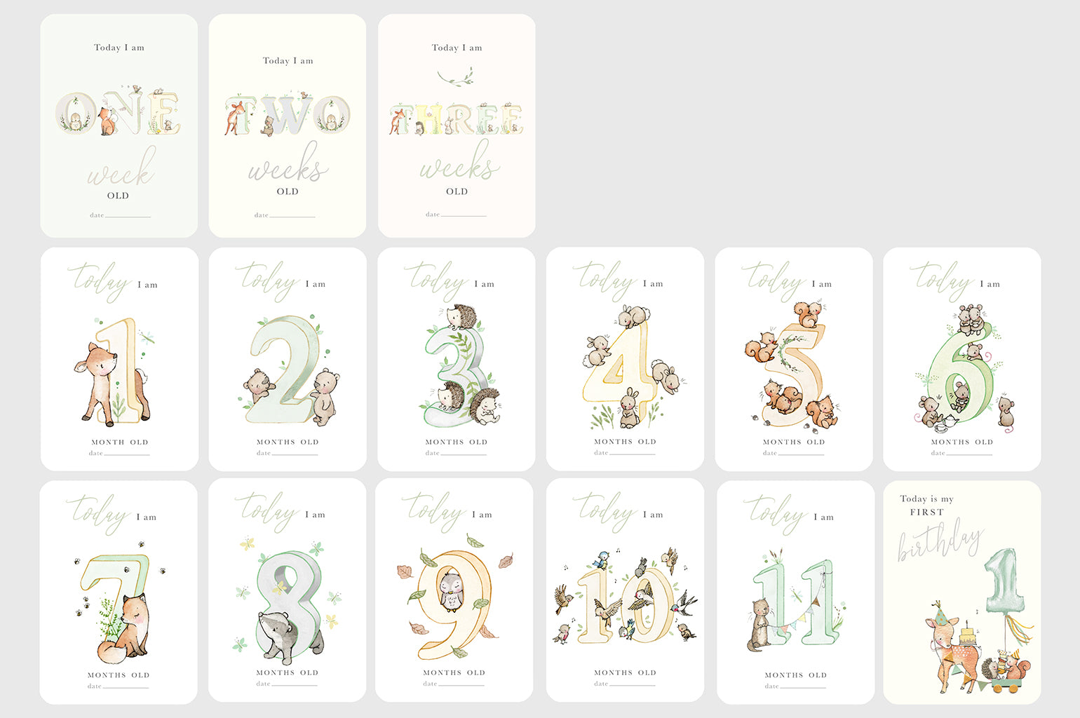 30 Woodland theme Baby's first year milestone cards