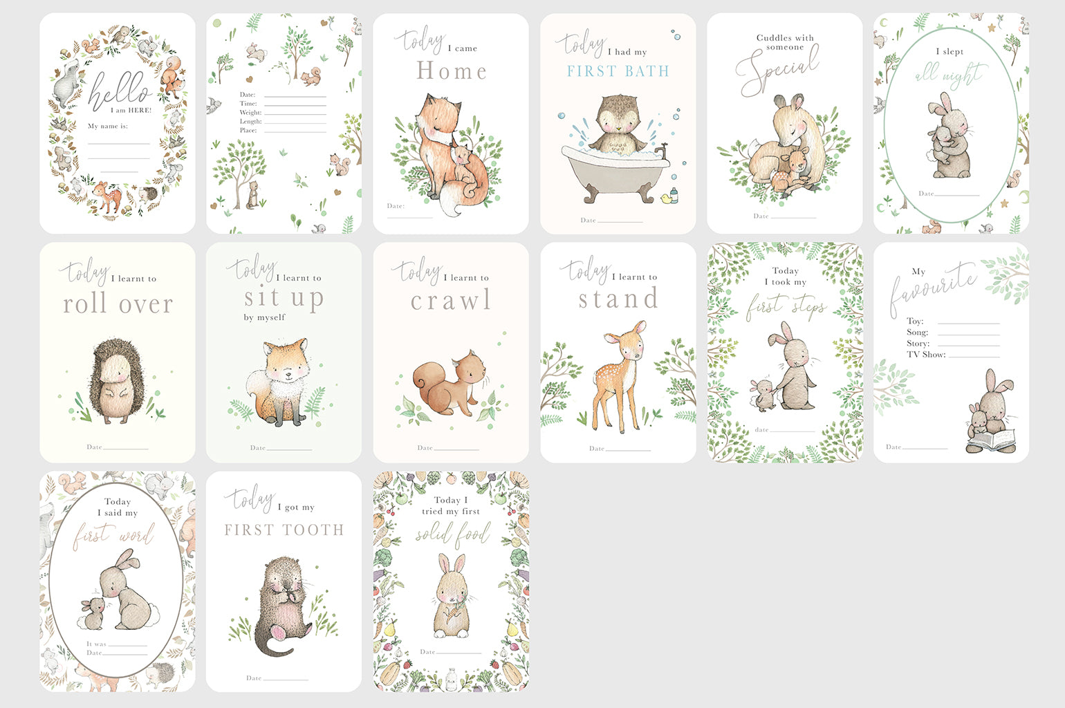 30 Woodland theme Baby's first year milestone cards