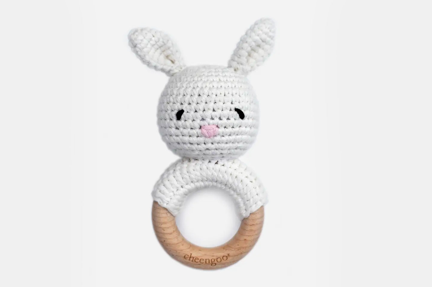 Crochet White Bunny Baby Rattle Teether Ring Toy