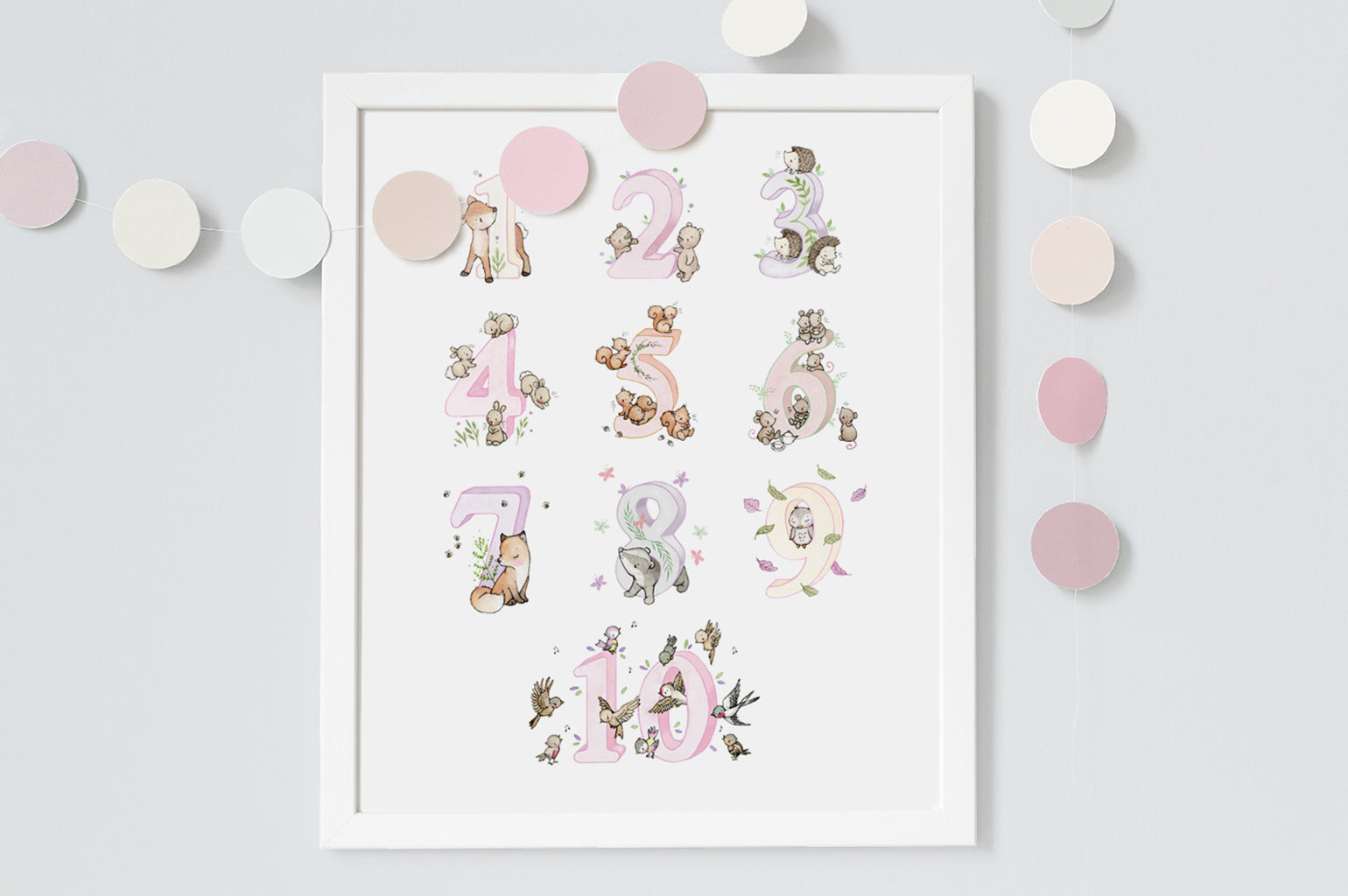 Girl's Pink Woodland Counting Numbers Print