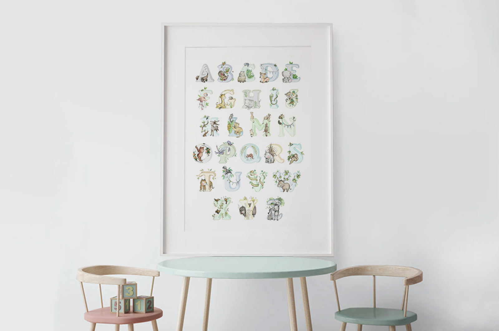 50% SALE | Framed Blue Jungle Alphabet Print