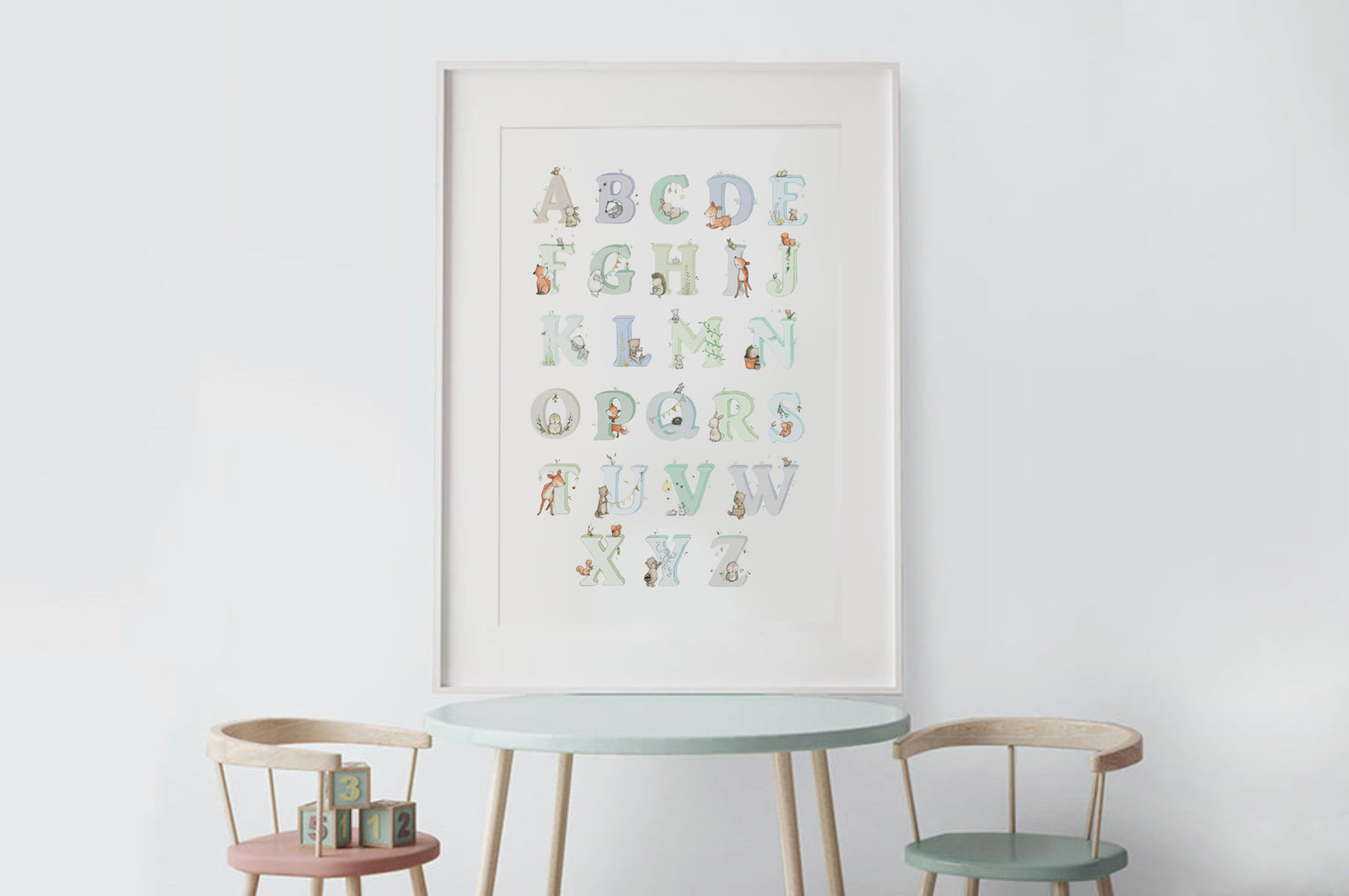 50% SALE | Framed Woodland Alphabet Print - Blue