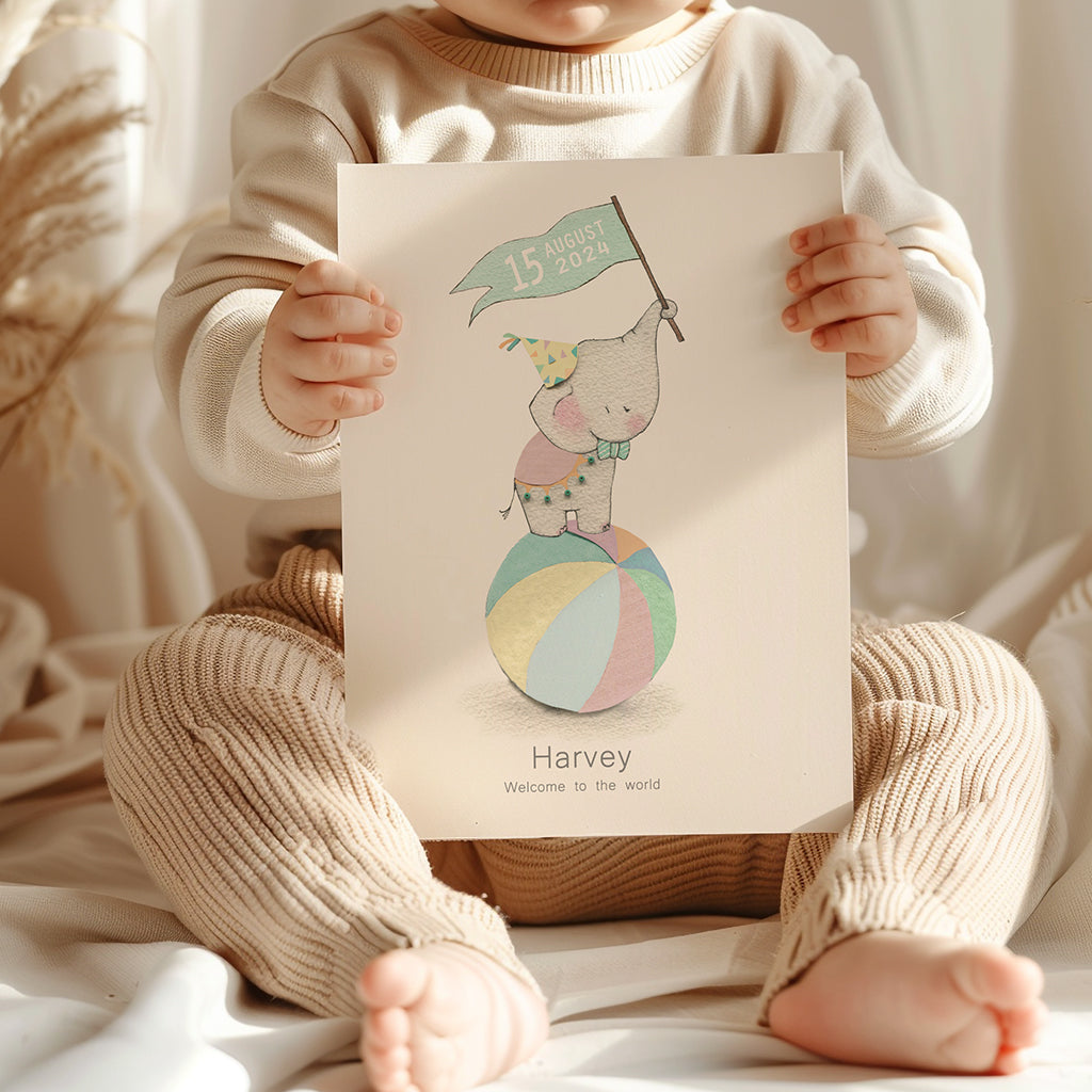 Children&#39;s Balancing Circus Elephant Nursery Print