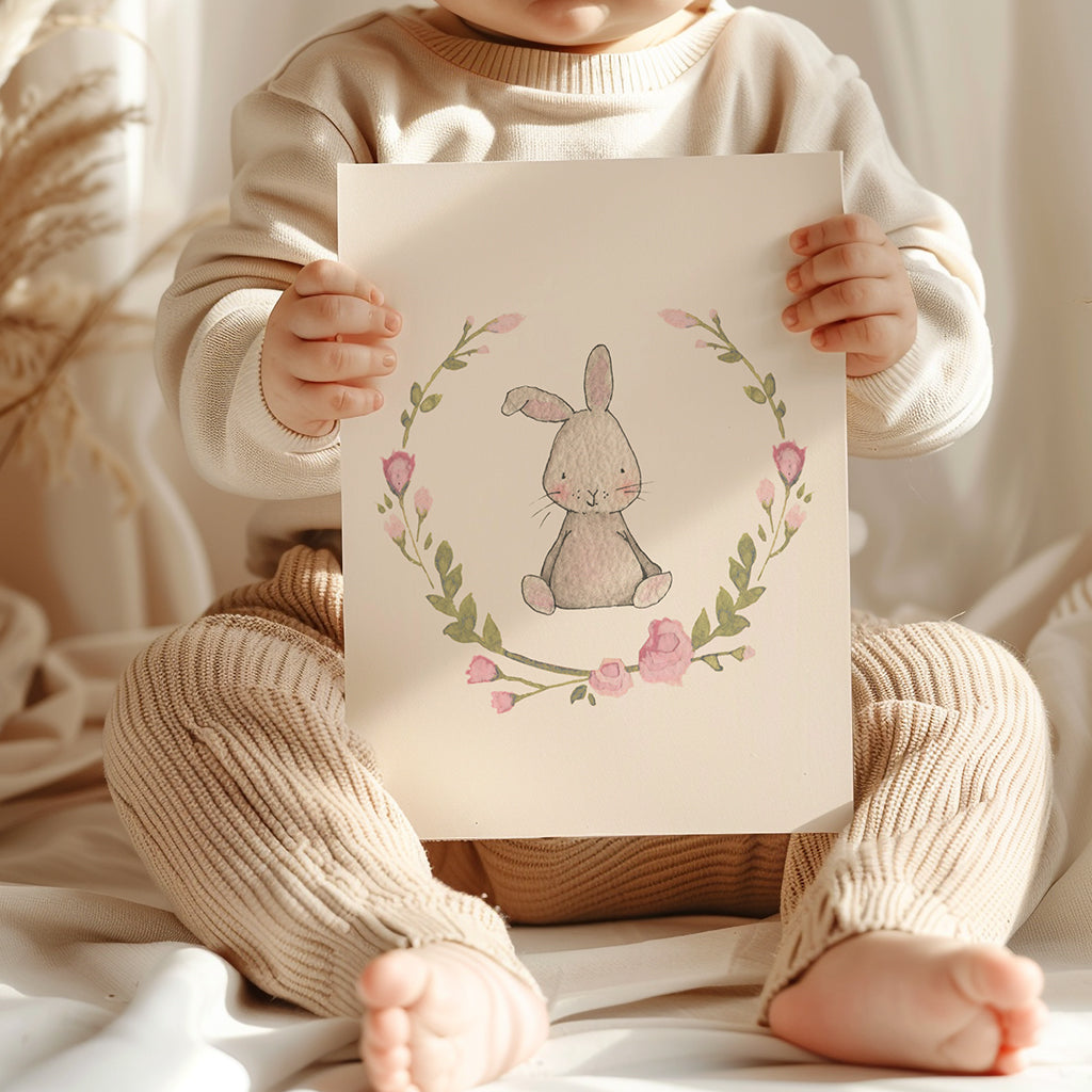 Girl&#39;s Floral Rabbit Nursery Wall Art Print