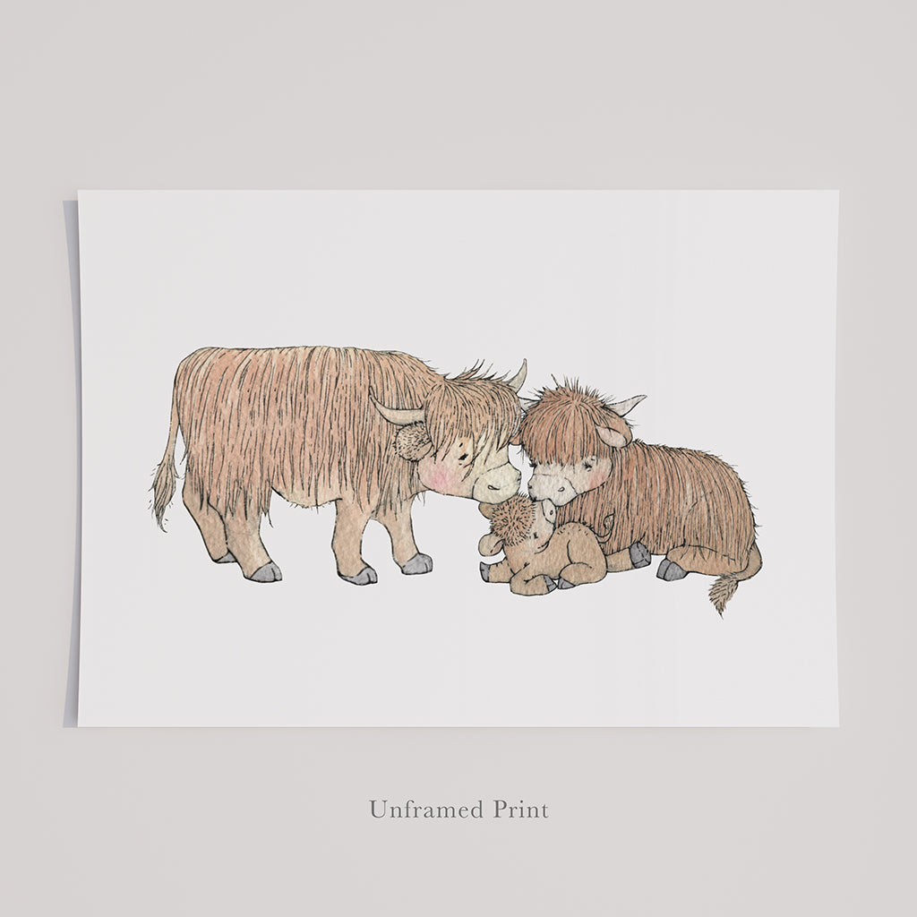 Children&#39;s Illustrated Highland Cow Family Picture
