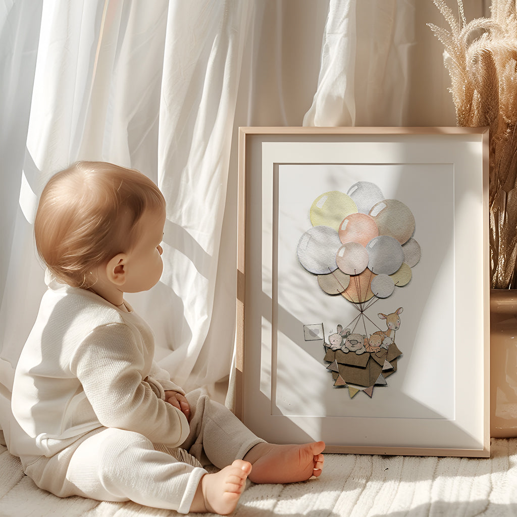 Woodland Balloon Journey Neutral Nursery Art Print