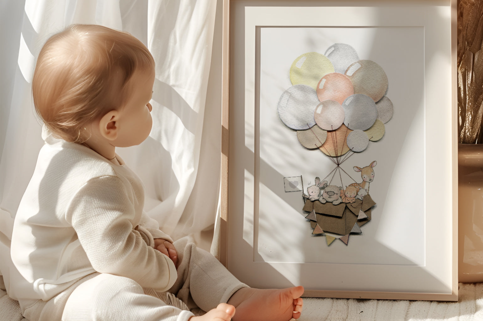 Woodland Balloon Journey Neutral Nursery Art Print