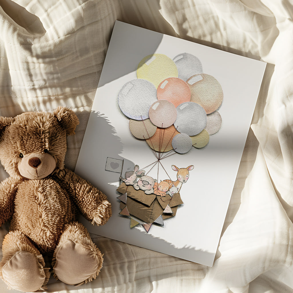 Woodland Balloon Journey Neutral Nursery Art Print