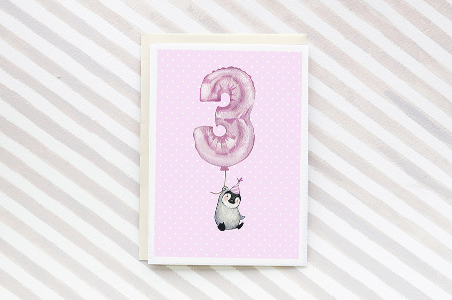 Girl's Number 3 Third Birthday Greetings Card