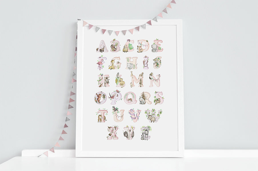 Girl's Pink Jungle Animal Alphabet Print