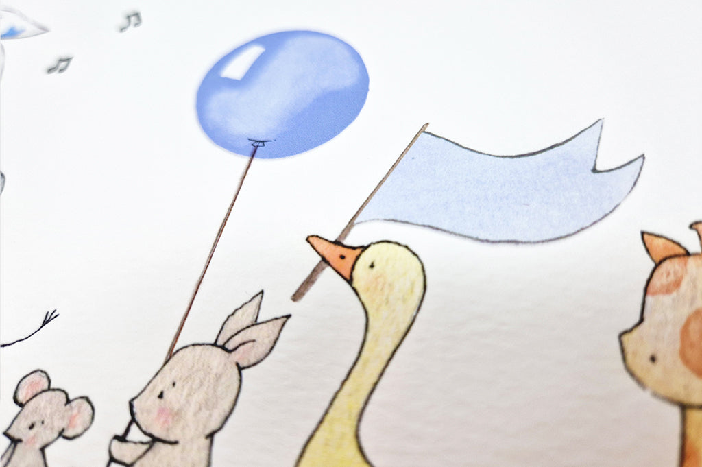 Boy&#39;s Blue Personalised Animals On Parade Print