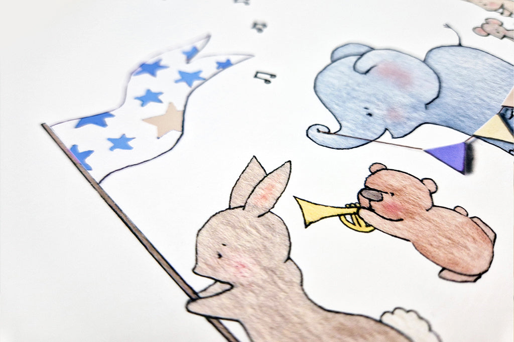 Boy&#39;s Blue Personalised Animals On Parade Print