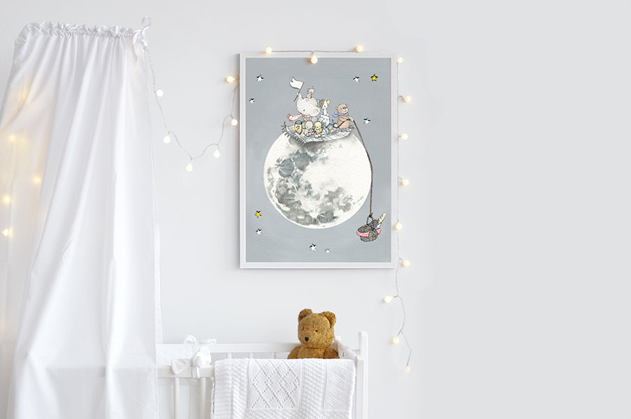 Kid's Personalised Picnic On The Moon Print