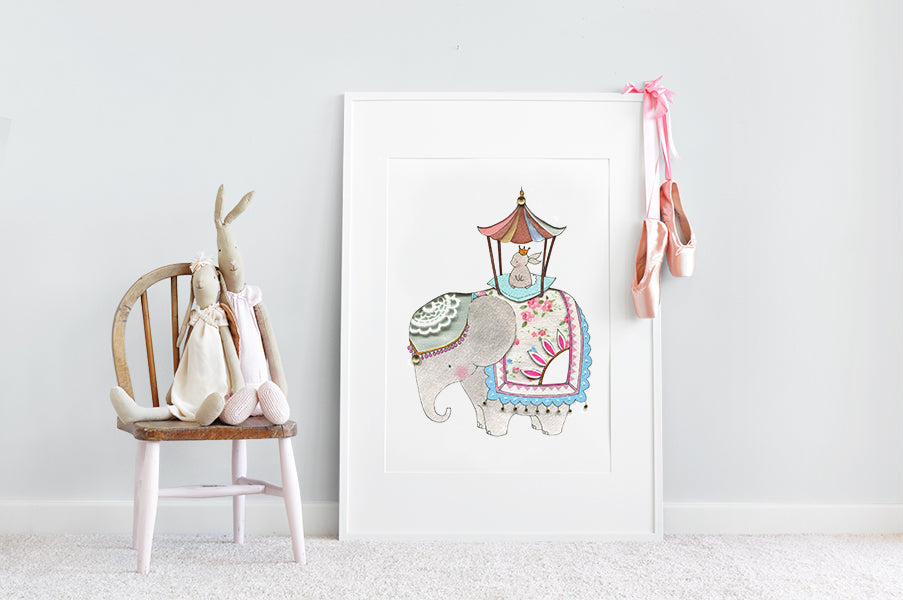 Girl's Royal Elephant and Rabbit Big Wall Print