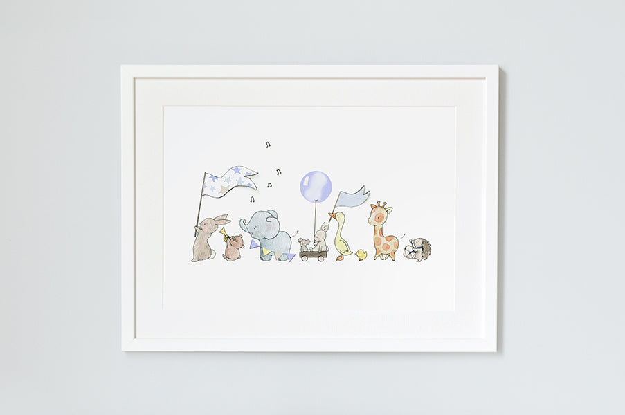 Boy&#39;s Blue Personalised Animals On Parade Print