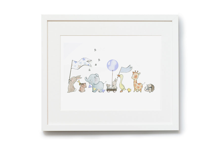 Boy&#39;s Blue Personalised Animals On Parade Print