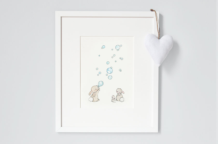 Blue Bunnies & Bubbles Print for a Baby Boy Nursery