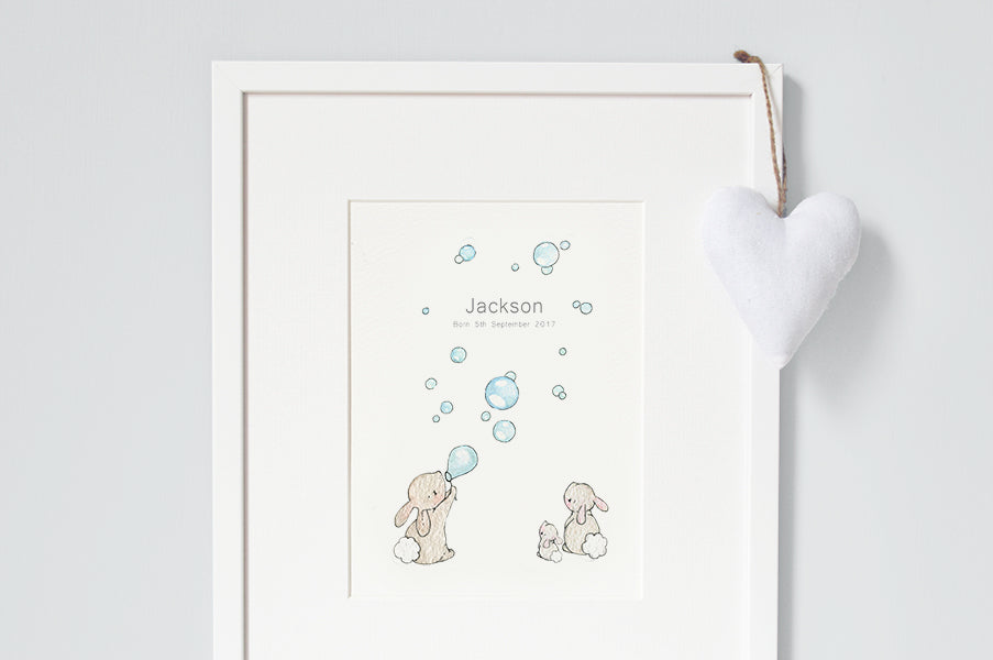 Blue Bunnies &amp; Bubbles Print for a Baby Boy Nursery