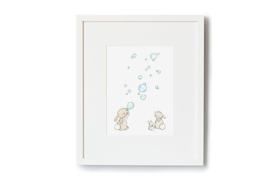 Blue Bunnies &amp; Bubbles Print for a Baby Boy Nursery