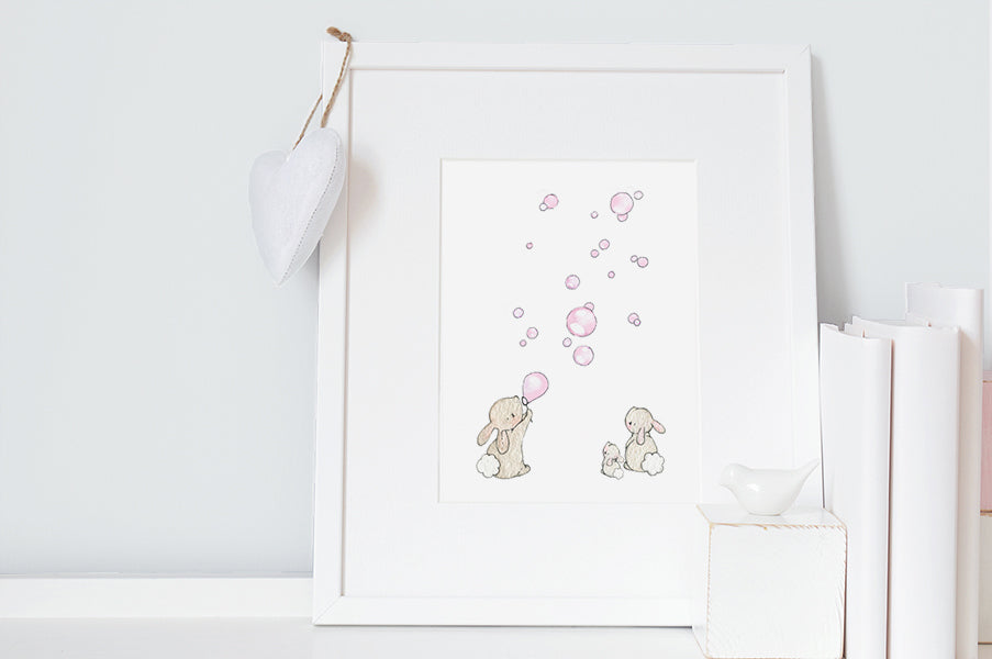 BABY GIRL PINK BUNNIES &amp; BUBBLES NURSERY ART