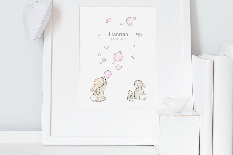 BABY GIRL PINK BUNNIES & BUBBLES NURSERY ART