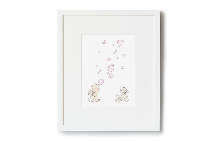BABY GIRL PINK BUNNIES &amp; BUBBLES NURSERY ART