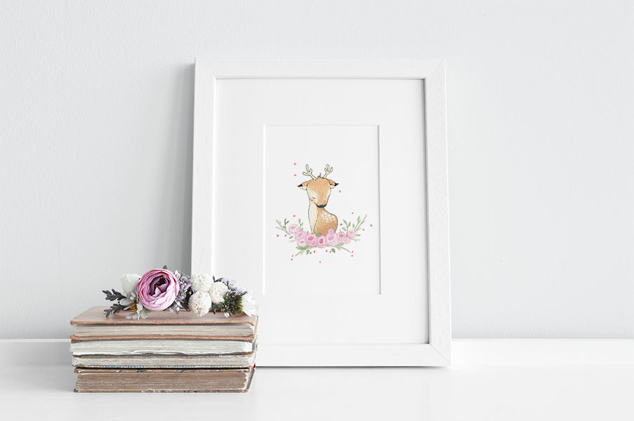 Girl's Floral Deer Nursery Decor Print