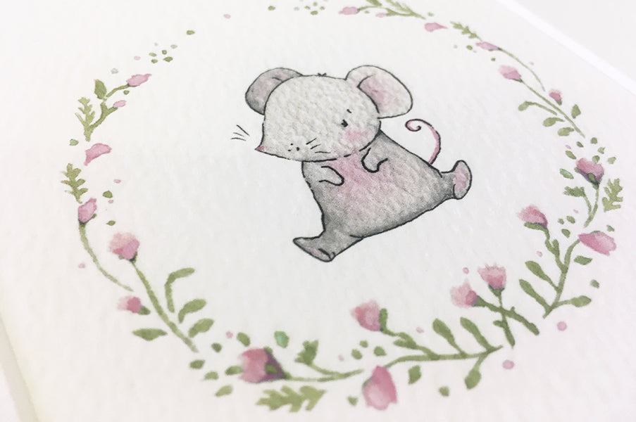 Girl's Floral Woodland Mouse Print