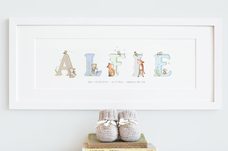 Boy&#39;s Personalised Framed Blue Woodland Name Picture