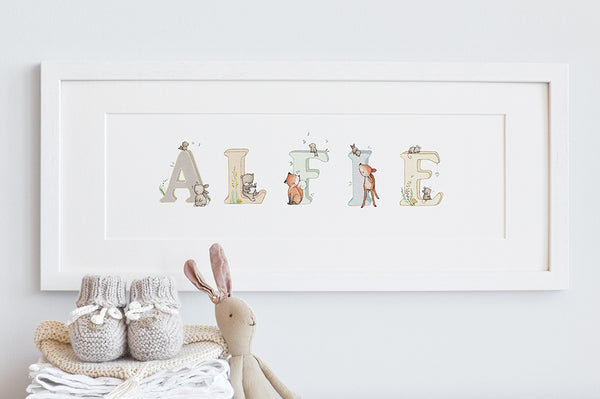 Personalized Baby Name Wall Decal - Moose & Bear Woodland Nursery Decor, Custom Vinyl Sticker