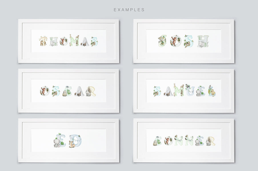 Boy&#39;s Personalised Framed Blue Jungle Animal Name Picture