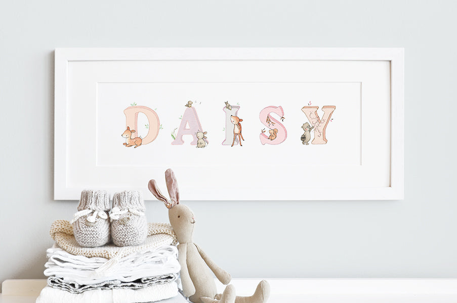 Girl's Personalised Framed Pink Woodland Name Picture