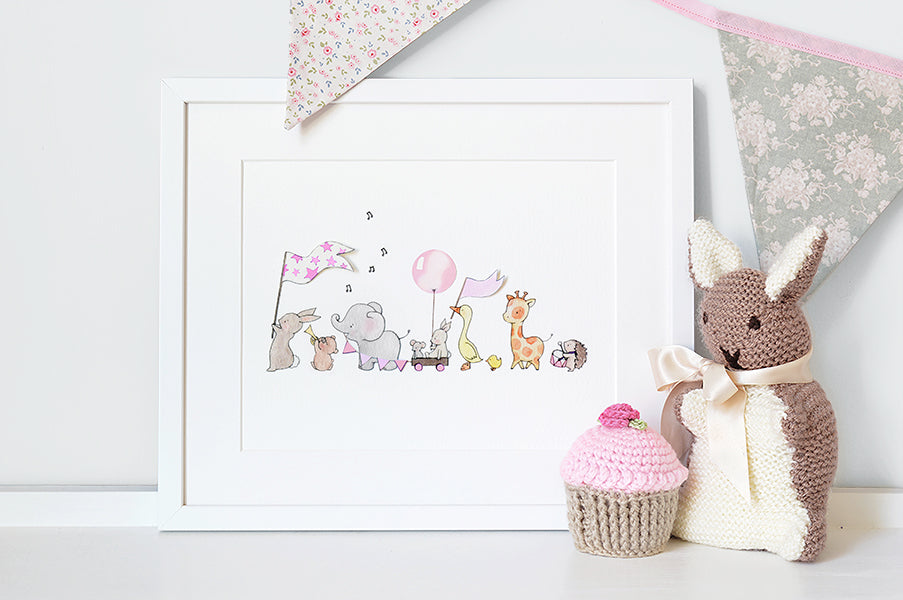 Girl's Pink Personalised Animals On Parade Picture