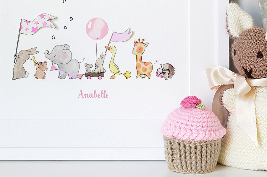 Girl&#39;s Pink Personalised Animals On Parade Picture (Copy)