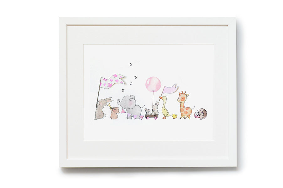 Girl&#39;s Pink Personalised Animals On Parade Picture (Copy)