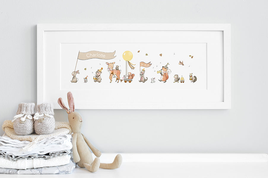 Children&#39;s Personalised Woodland Animal Parade Framed Picture