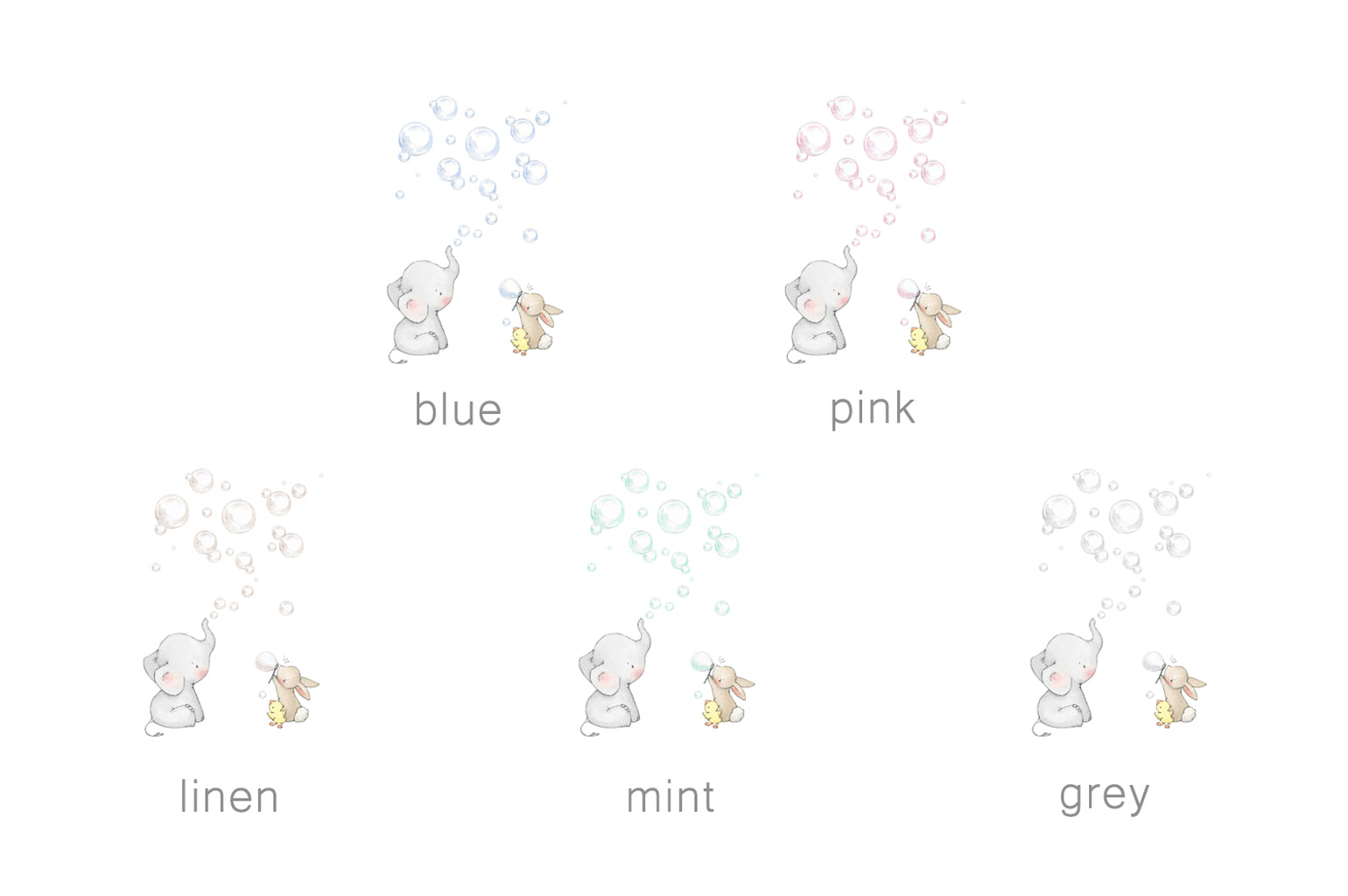 Children&#39;s Elephant Bunny &amp; duckling bubbles art print