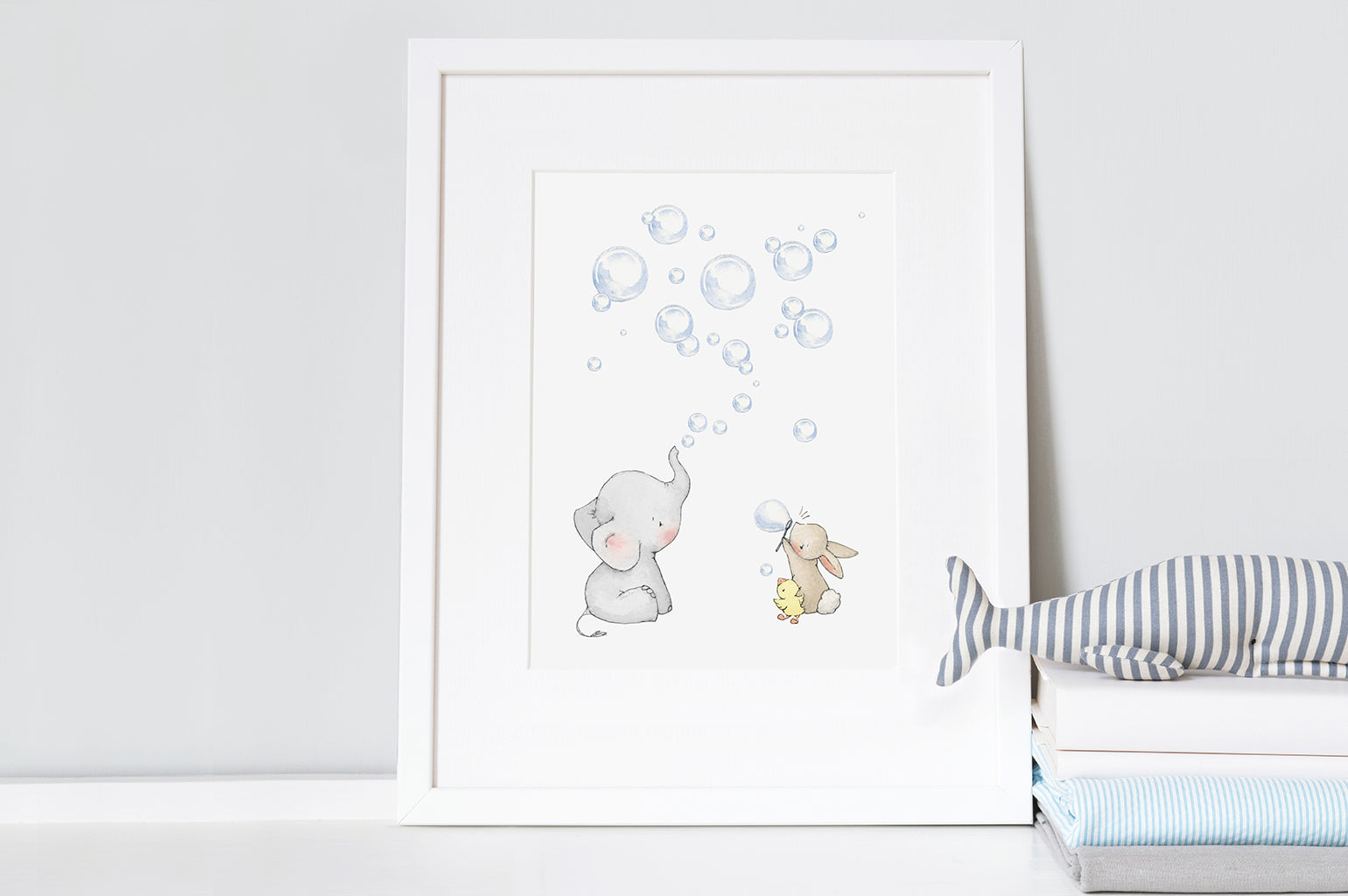 Children's Elephant Bunny & duckling bubbles art print