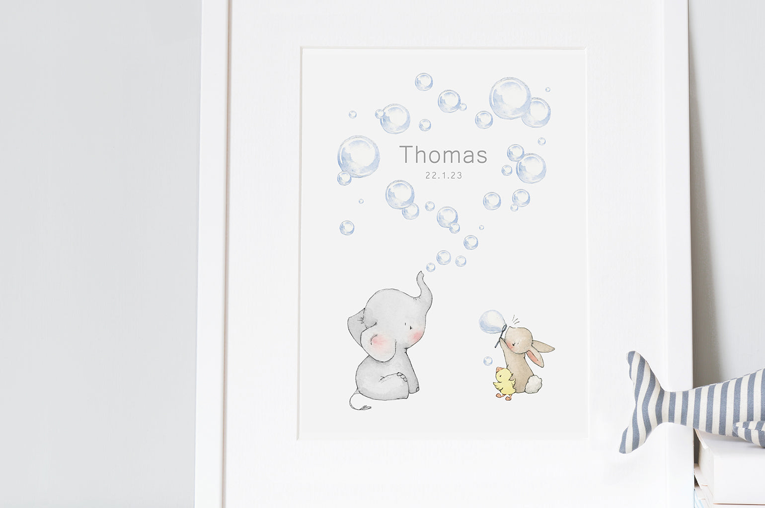 Children&#39;s Elephant Bunny &amp; duckling bubbles art print