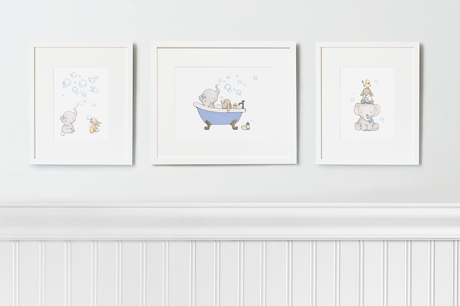 Children's bathroom wall art print set