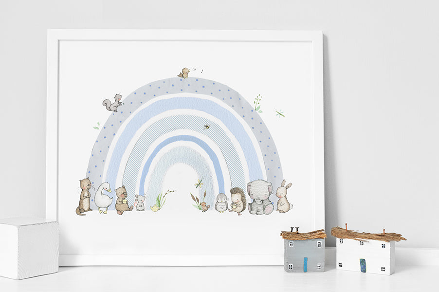 Boy's personalisable pastel blue dreamer rainbow picture