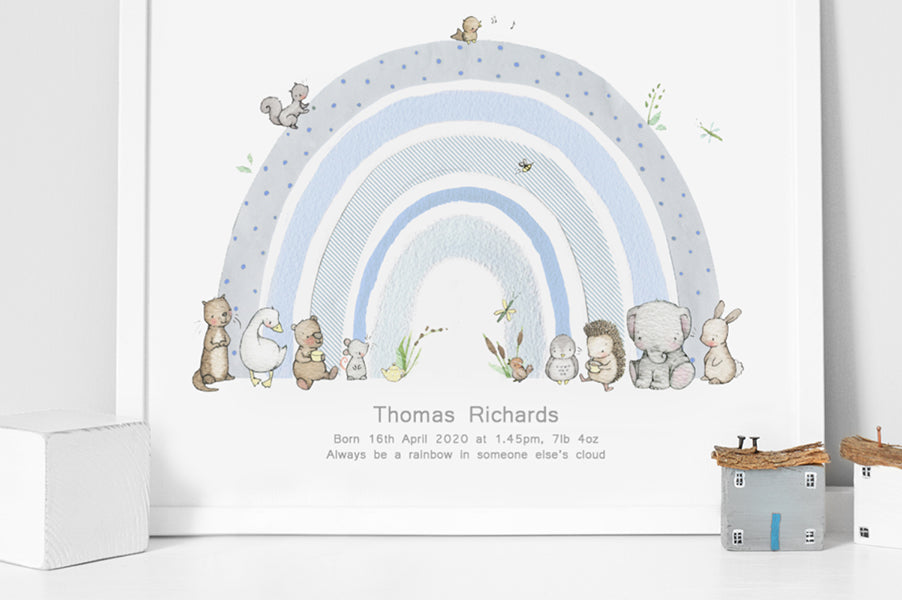 Boy&#39;s personalisable pastel blue dreamer rainbow picture